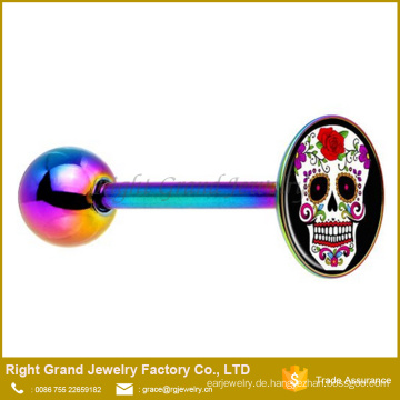 Edelstahl-Rainbow eloxiert Flower Skull Logo Barbell Zunge Ring